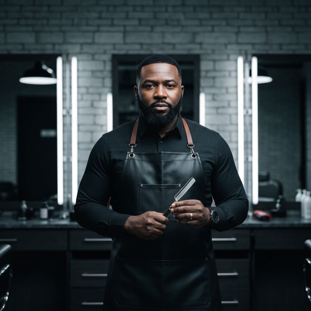 Portrait of DeShawn Mitchell, straight razor at Ironside Barber Co.